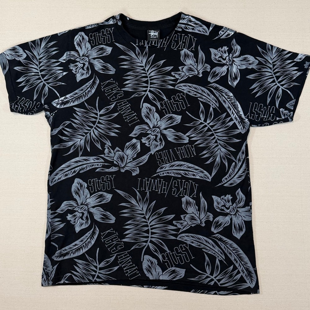 Stussy Kicks Hawaii Aloha Vibes All Over Print T-Shirt Black Grey Mens Medium